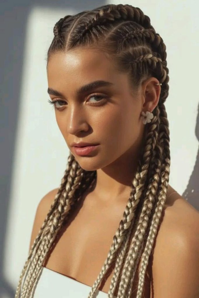 Long straight back natural cornrows hairstyle.