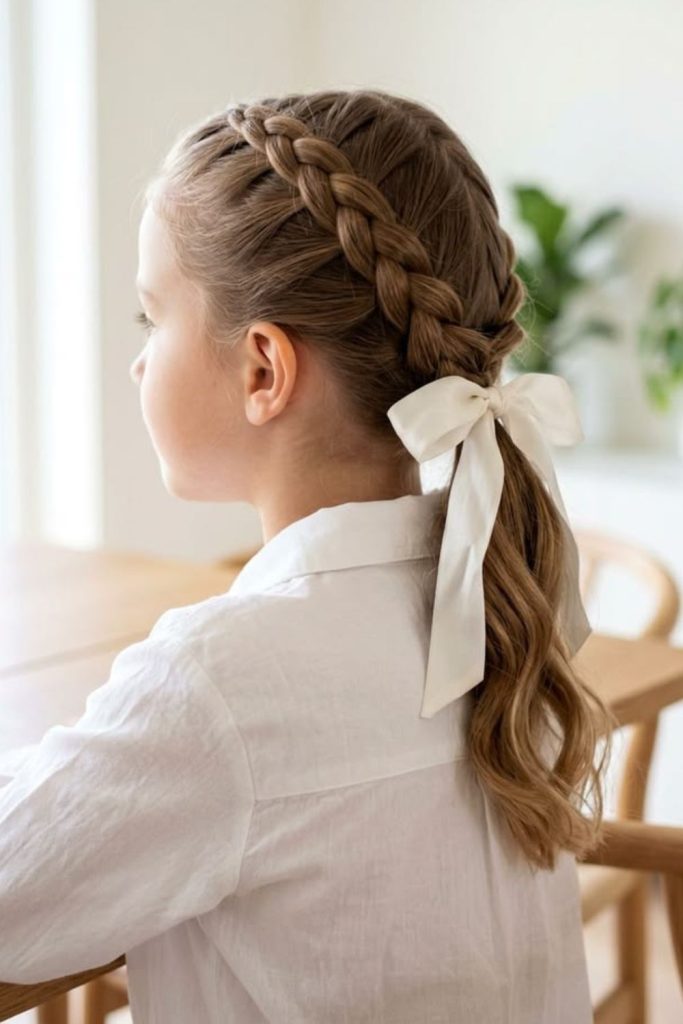 Low ponytail wrapped with ribbon.