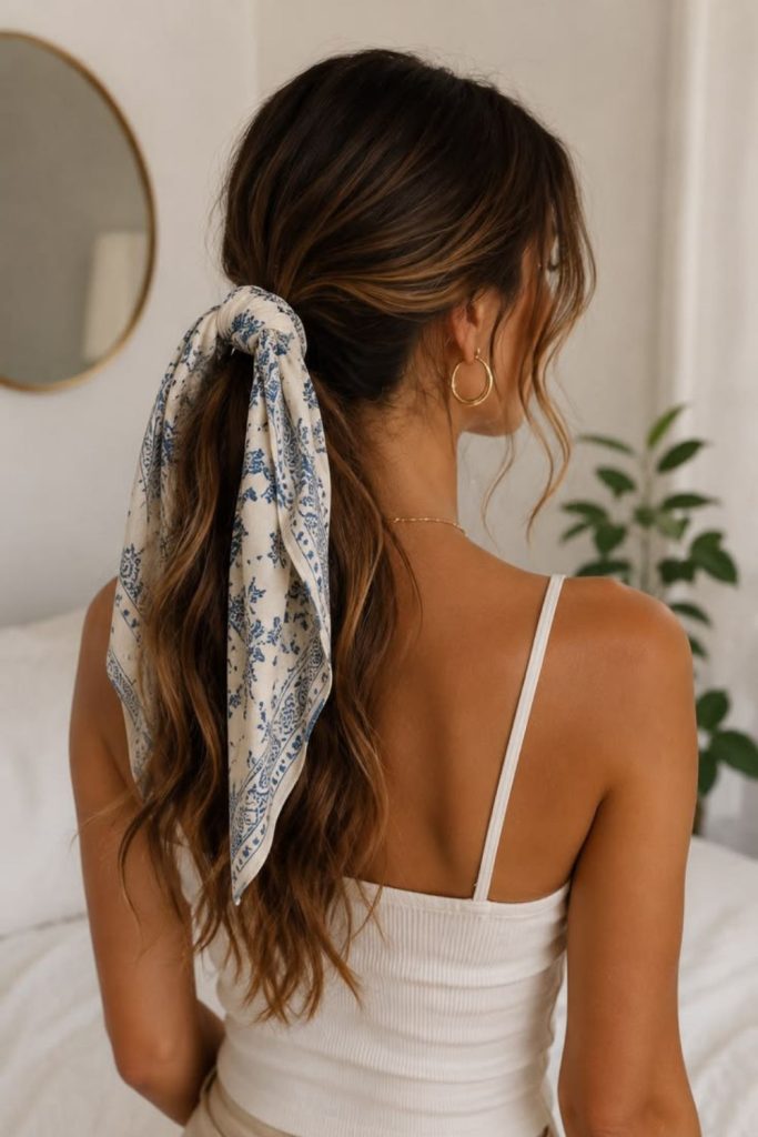 Low ponytail finished with bandana bow.