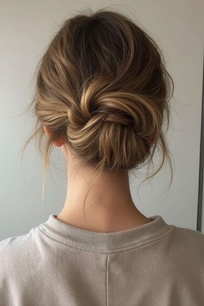Low textured bun with tendrils.