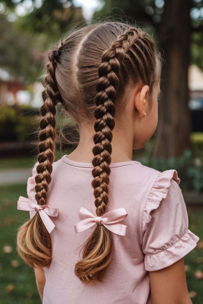 Low twisted pigtails with ribbons.