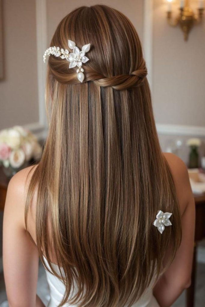 Long waterfall-inspired straight bridal hairstyle.