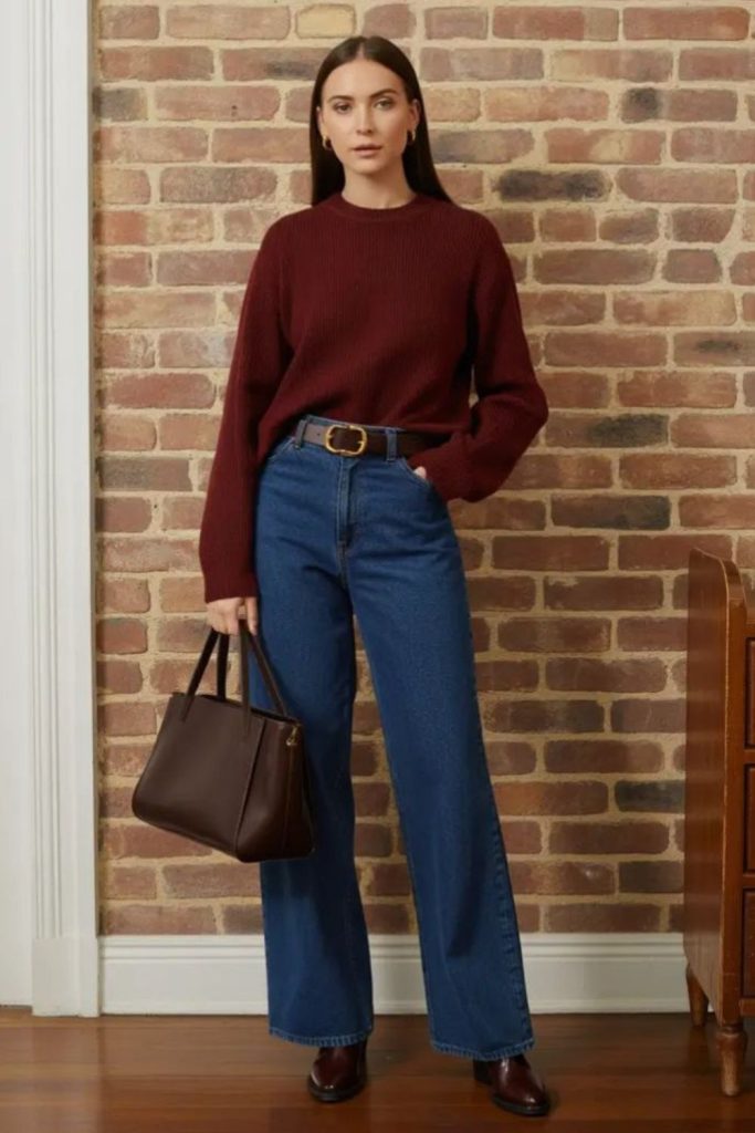 High rise jeans burgundy knit outfit