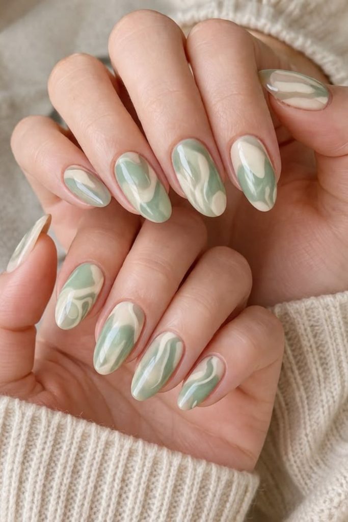 Matcha latte nails with creamy swirls.