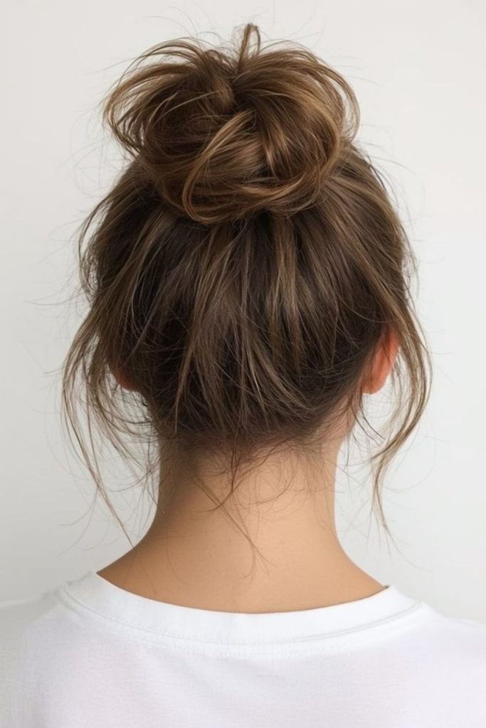 Messy high bun for school days.