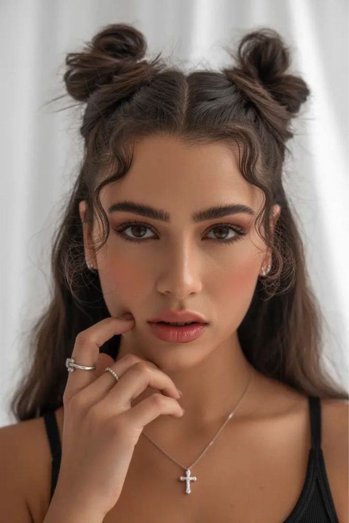 Messy space buns with scrunchies.