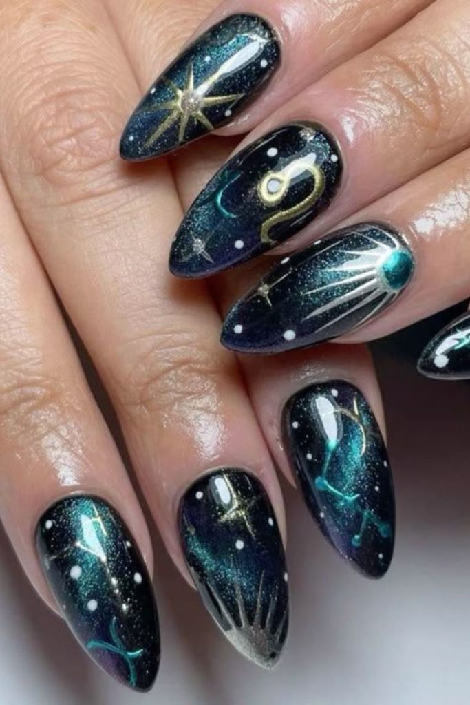 Midnight lioness black gold nails