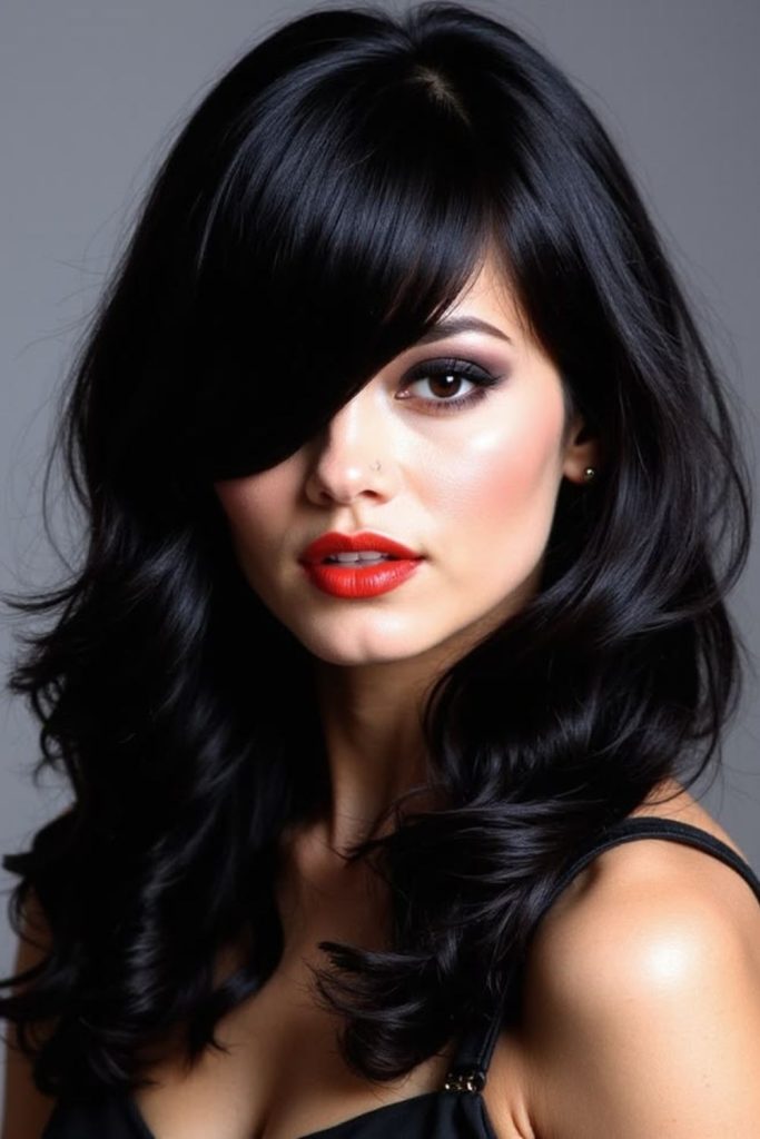 Midnight Velvet Fringe with glossy dark hair.