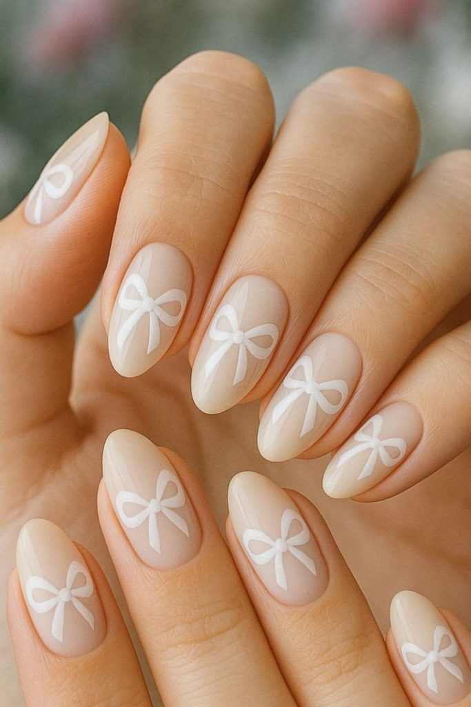 Milky white nails with ribbon swirls.