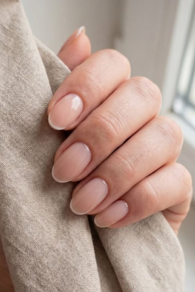 Minimalist micro-French nails with thin tips.
