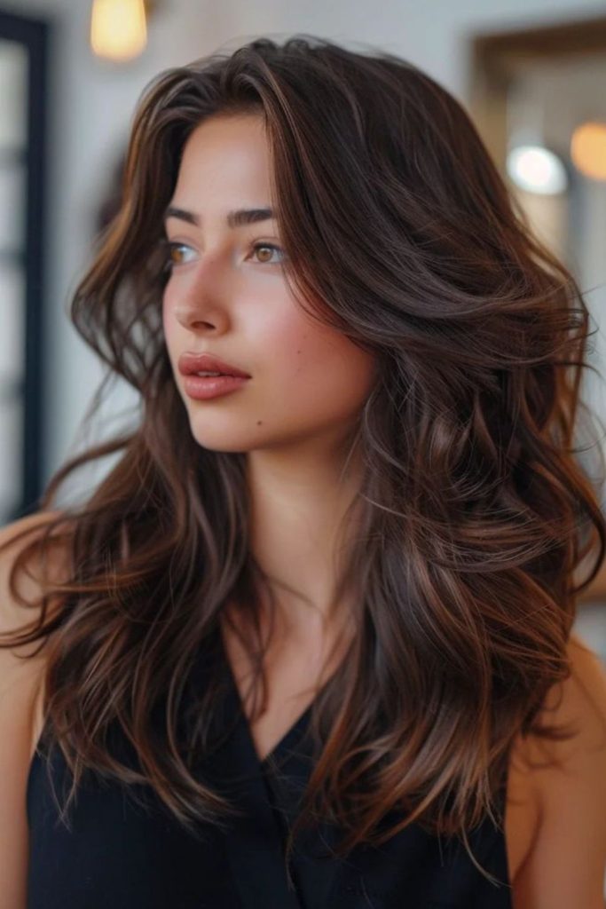 Mocha chestnut flowing brunette hairstyle