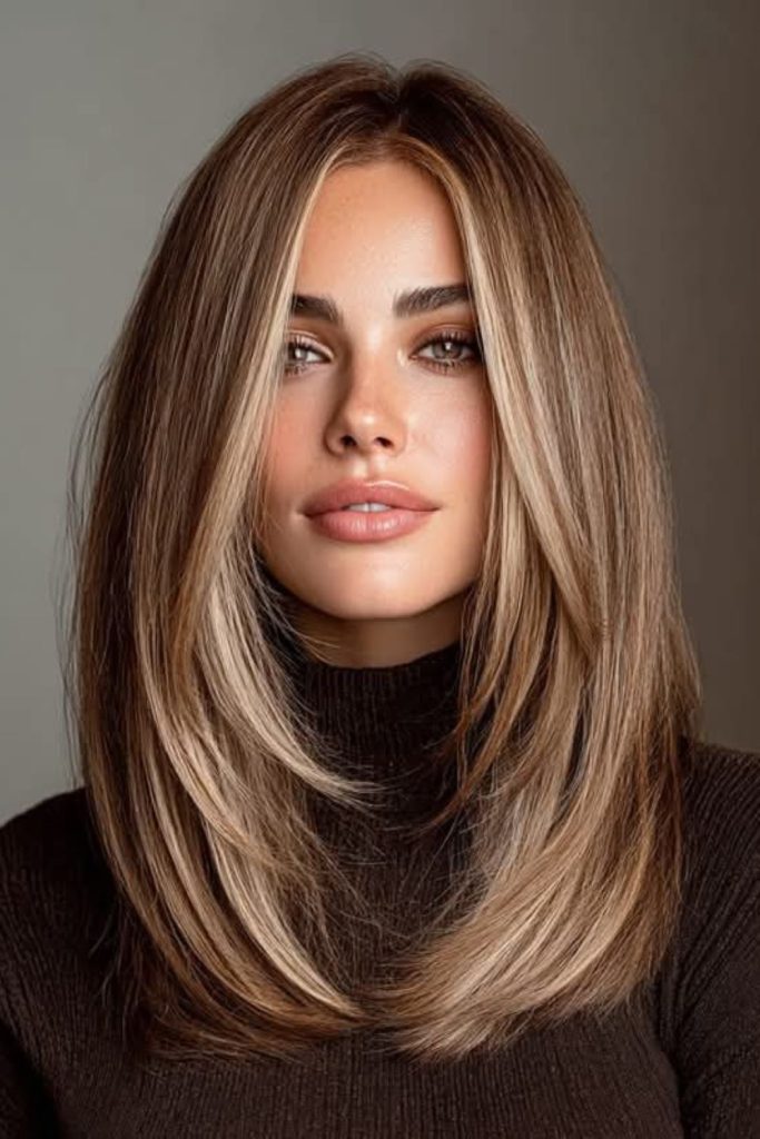 Mocha feather straight layered hairstyle.