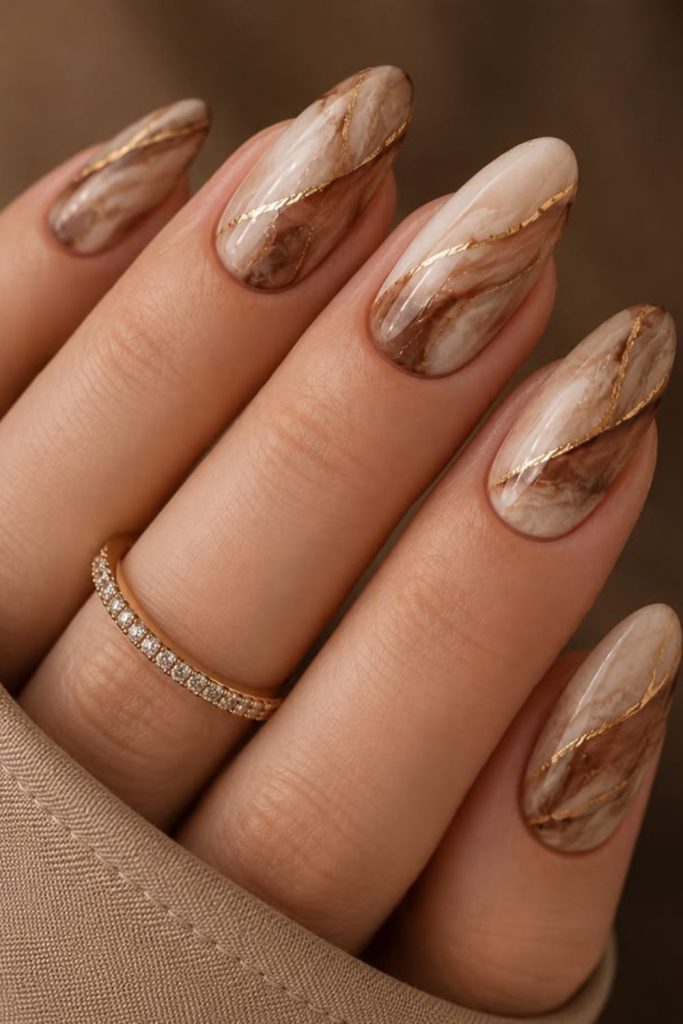 Mocha marble glossy nail art.