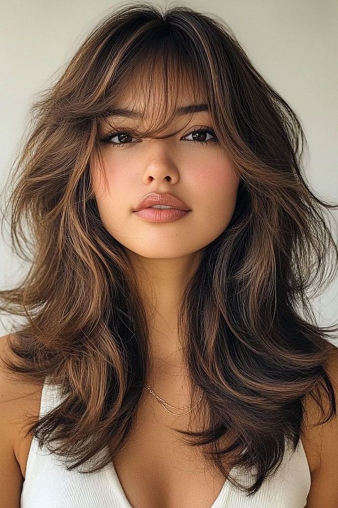 Mocha muse wolf cut with bangs.