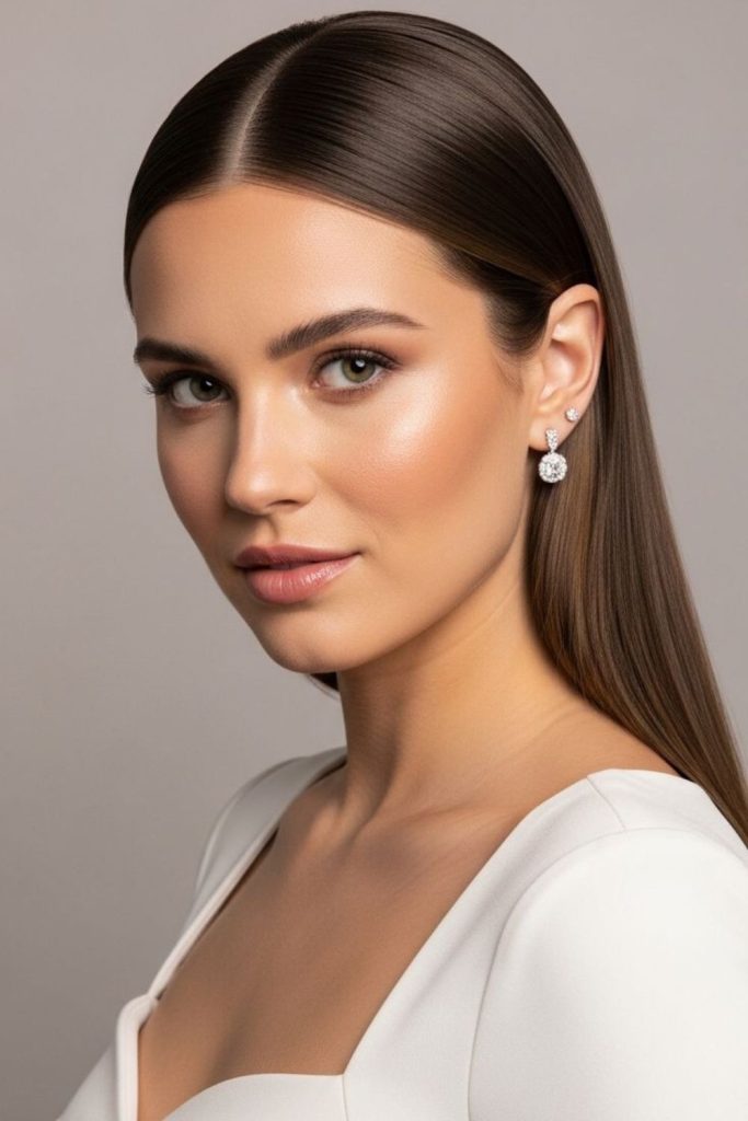 Glass-finish sleek straight bridal hairstyle.