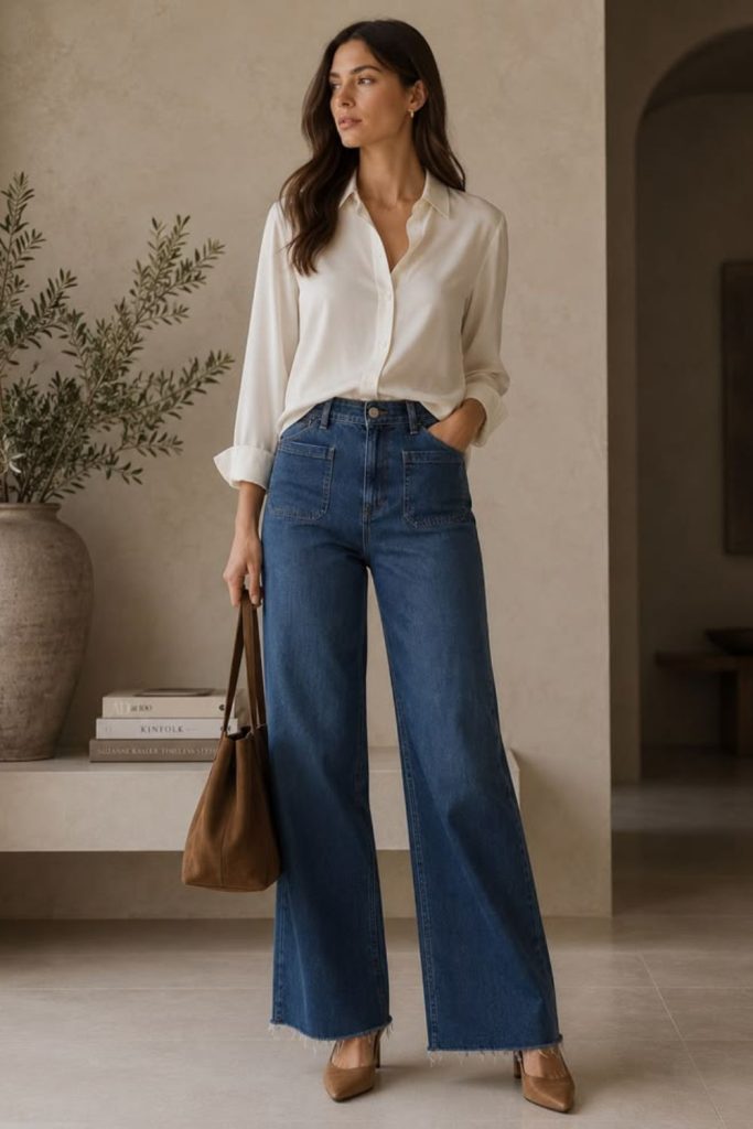 Dark wash jeans white blouse outfit