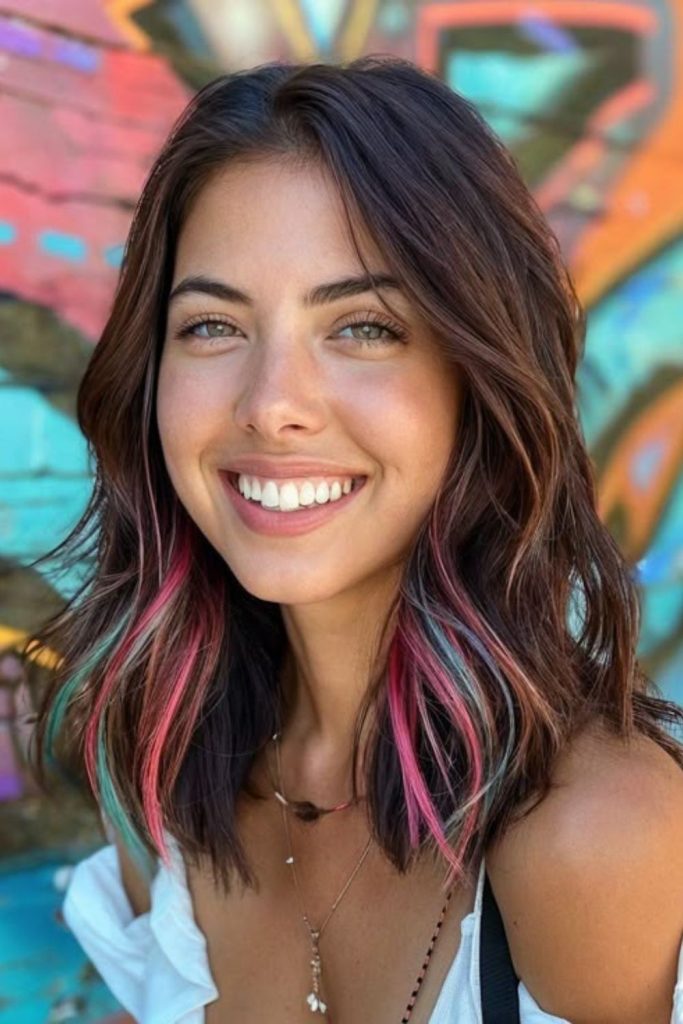 Vibrant mosaic color melt hairstyle.