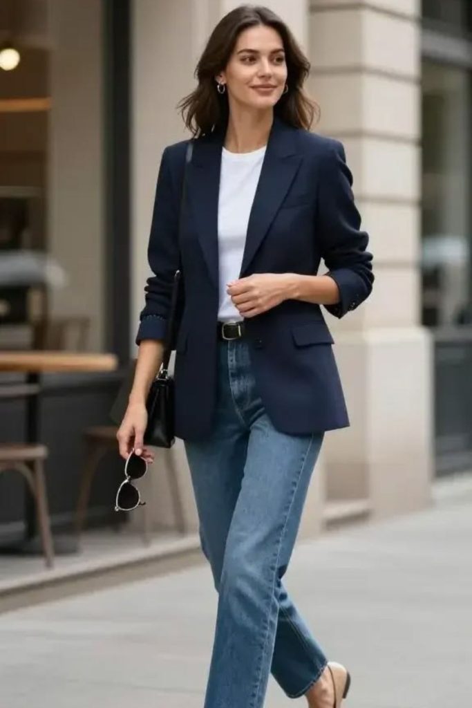 Navy blazer with classic jeans