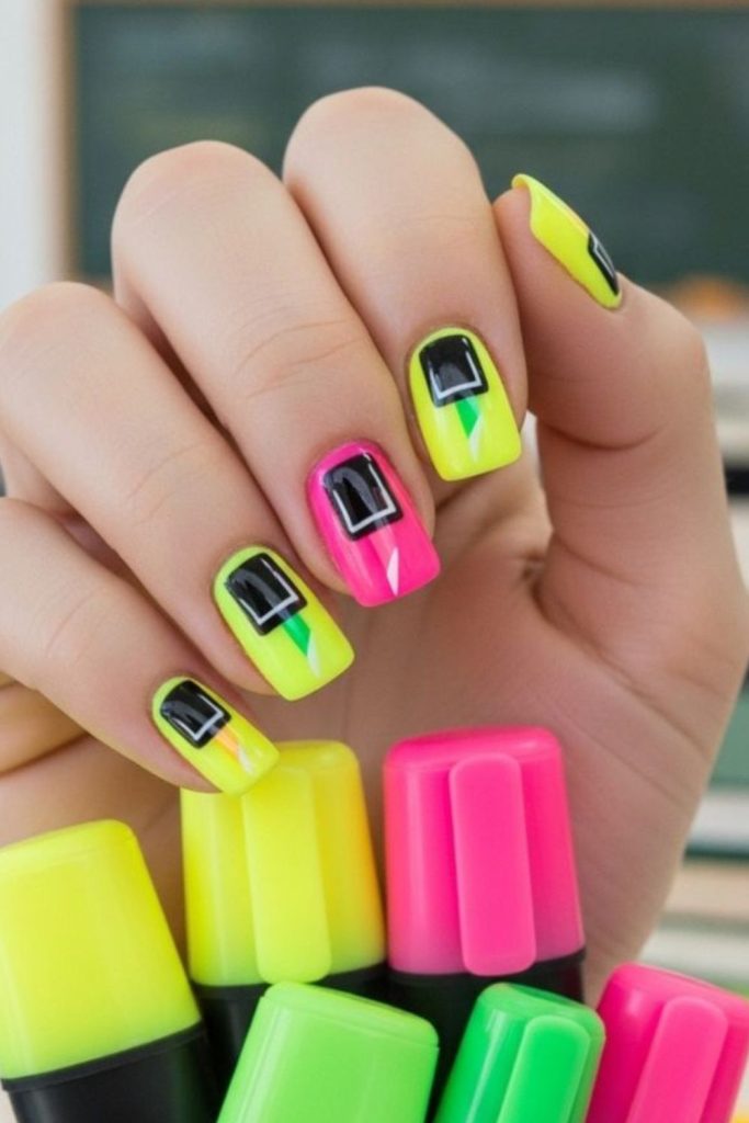 Neon highlighter accent teacher nail design.