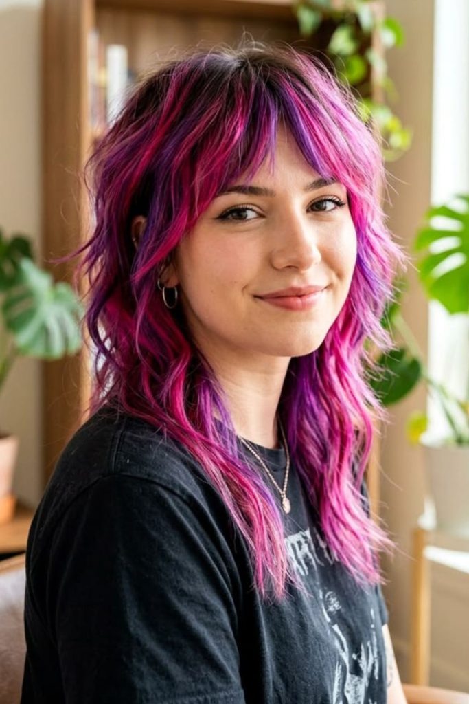 Neon wolf cut with vibrant highlights.