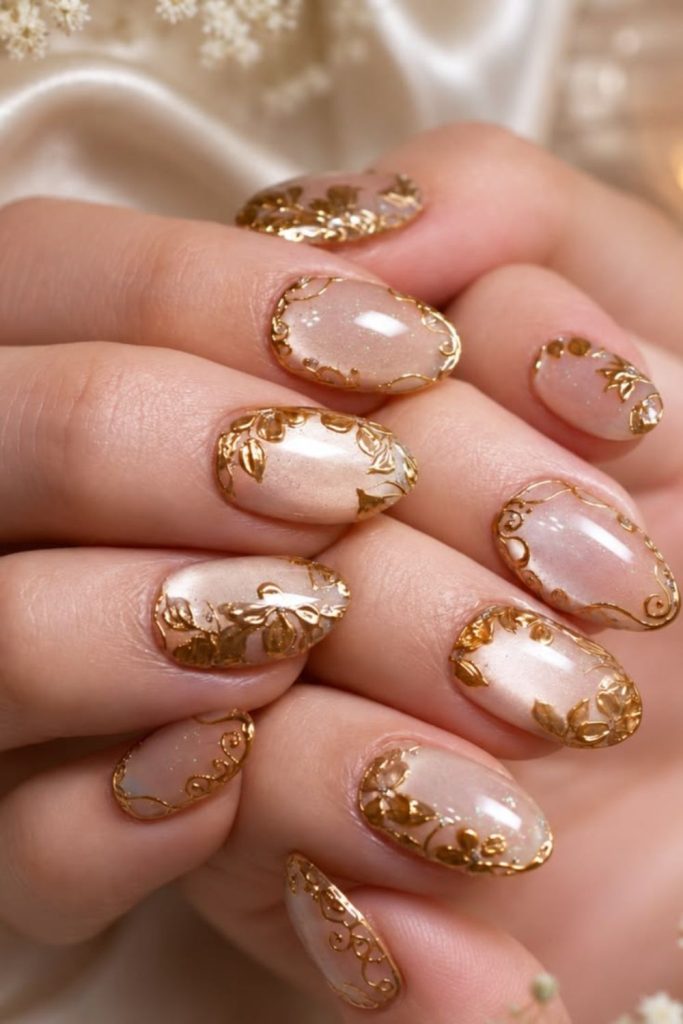 Nude gold Leo royalty nails