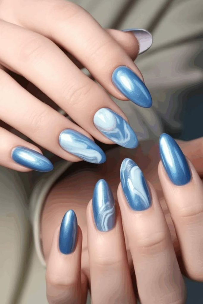 Glossy aqua blue summer manicure design.