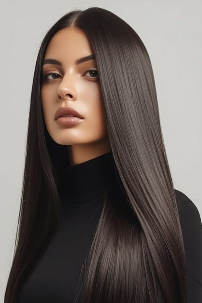 Onyx mirror sleek straight hair.