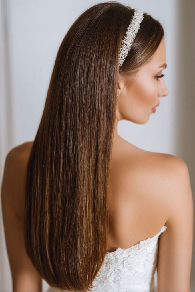 Center-parted straight hair with opals.