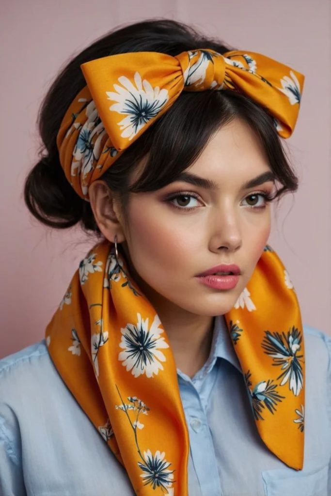Oversized bandana bow on loose hair.