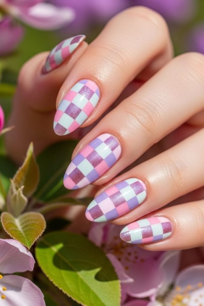 Pastel checkerboard trendy nail art design.