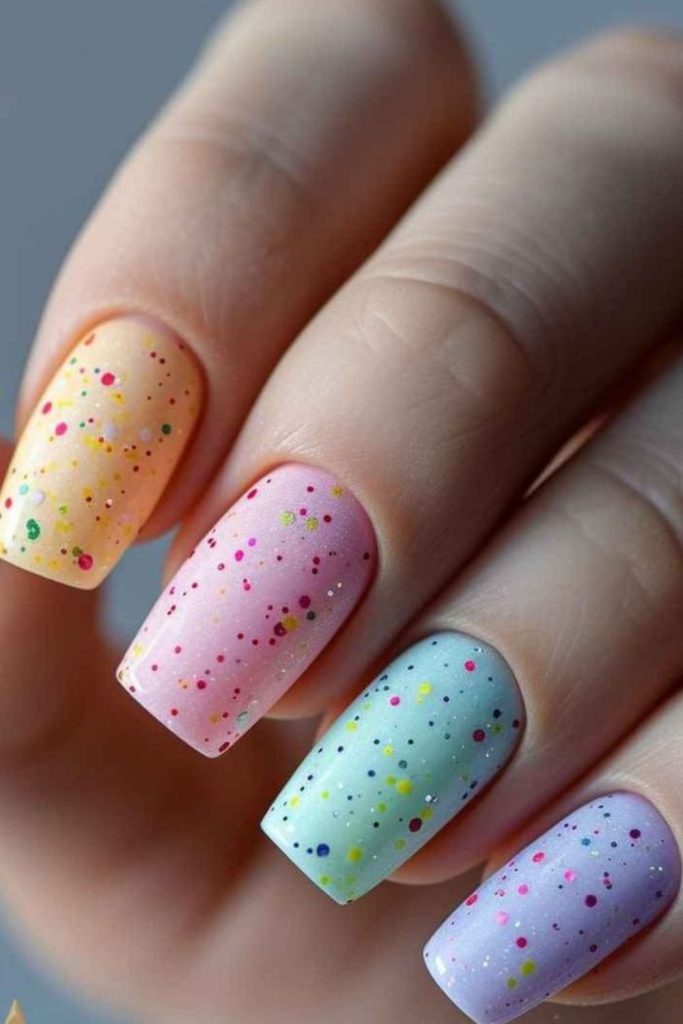 Pastel highlighter colorful nail design.