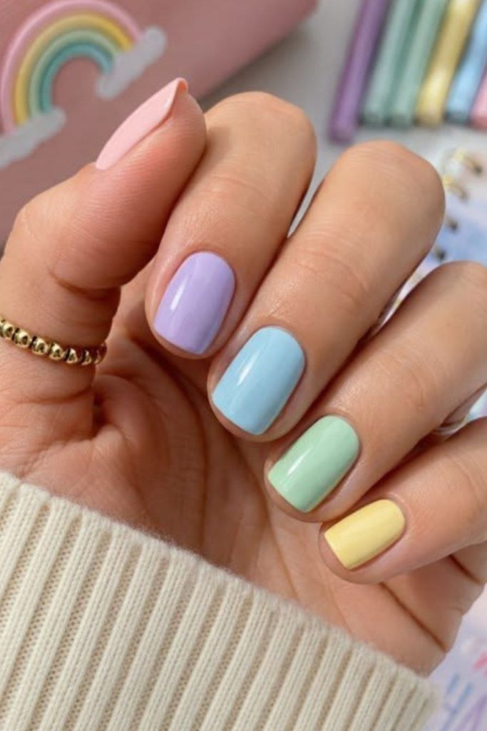 Soft pastel color block school nails.