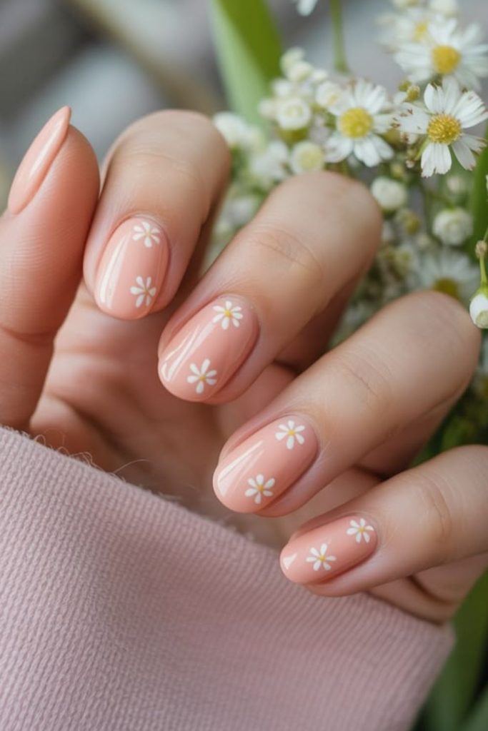 Peach floral nails with daisies.