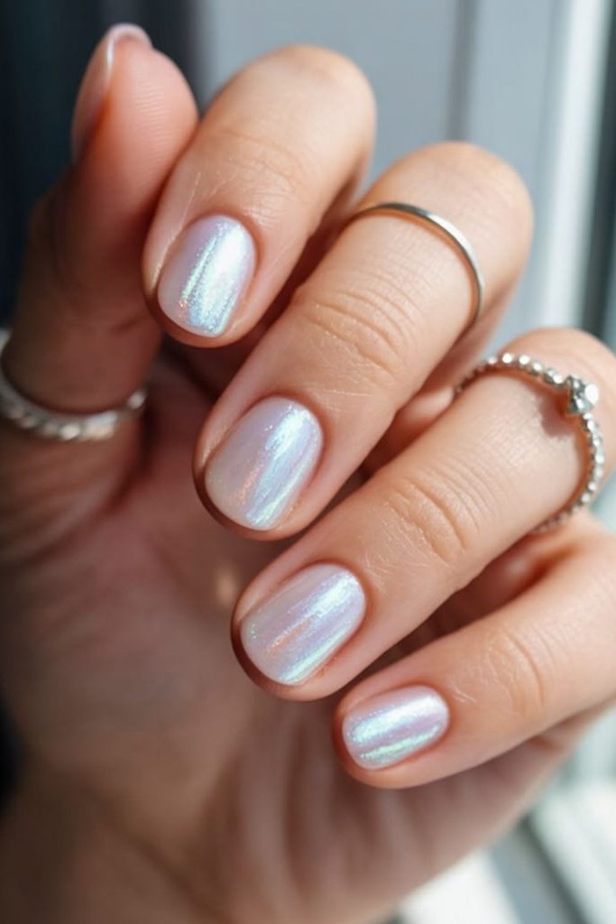 Pearl chrome elegant white nail design.
