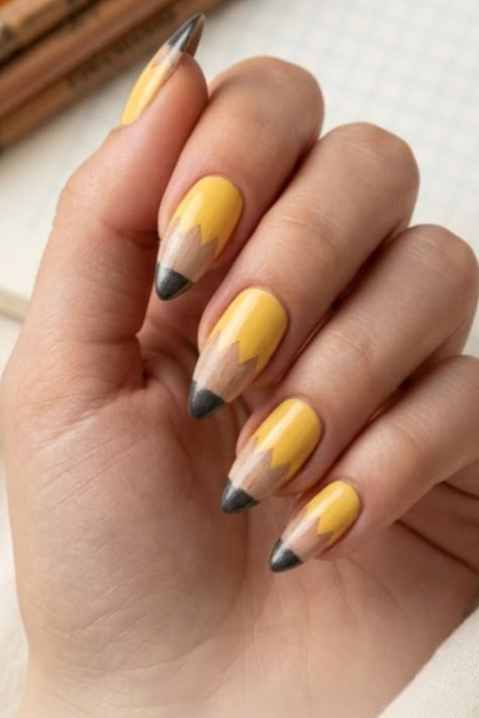 Pencil inspired yellow creative nail design.