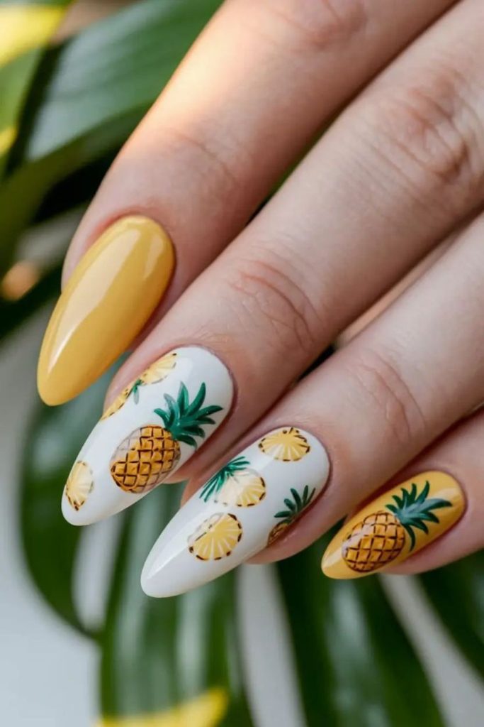 Pineapple tropical fun nail art design.