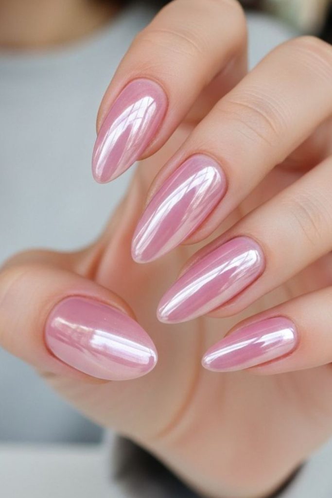 Pink chrome mirror shine nails.