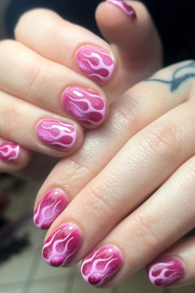 Pink flame short baddie nails