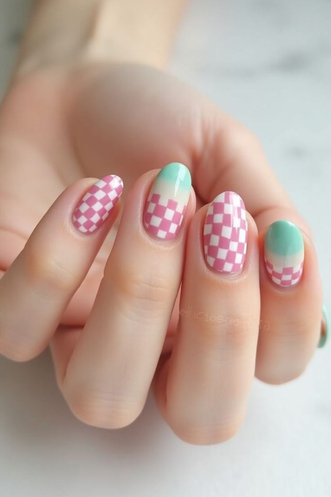 Pink plaid preppy back-to-school nails.