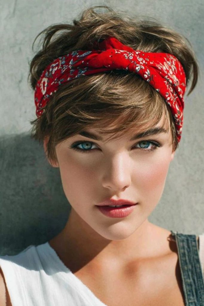 Pixie cut styled with bandana.
