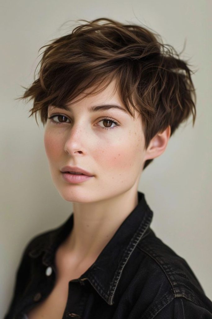 Textured pixie cut with fringe.