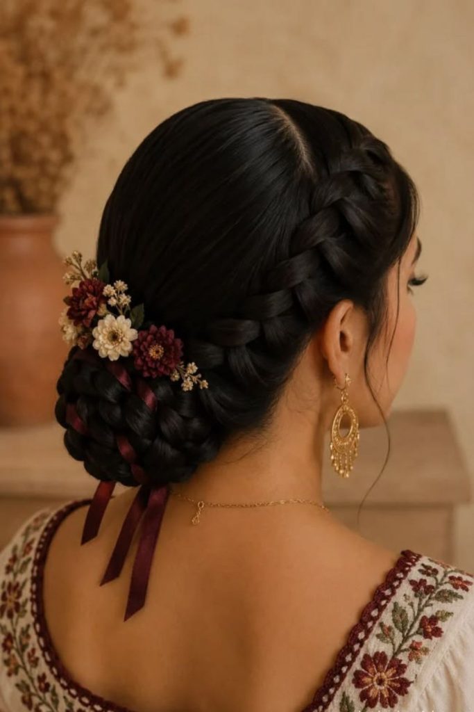 Pueblo ribbon bun hairstyle.