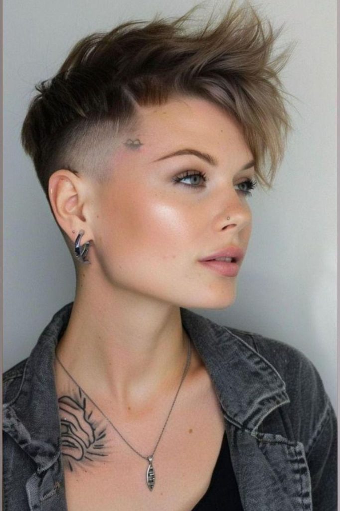 Punk undercut pixie with shaved sides.