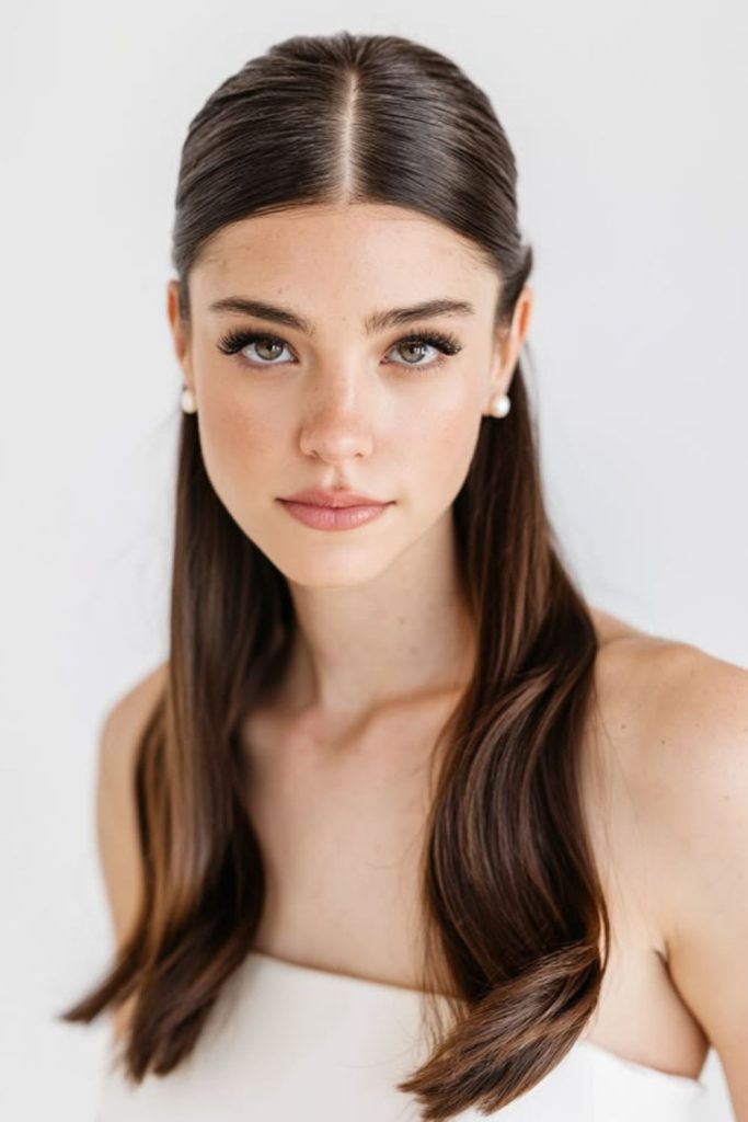 Classic polished long straight bridal hair.
