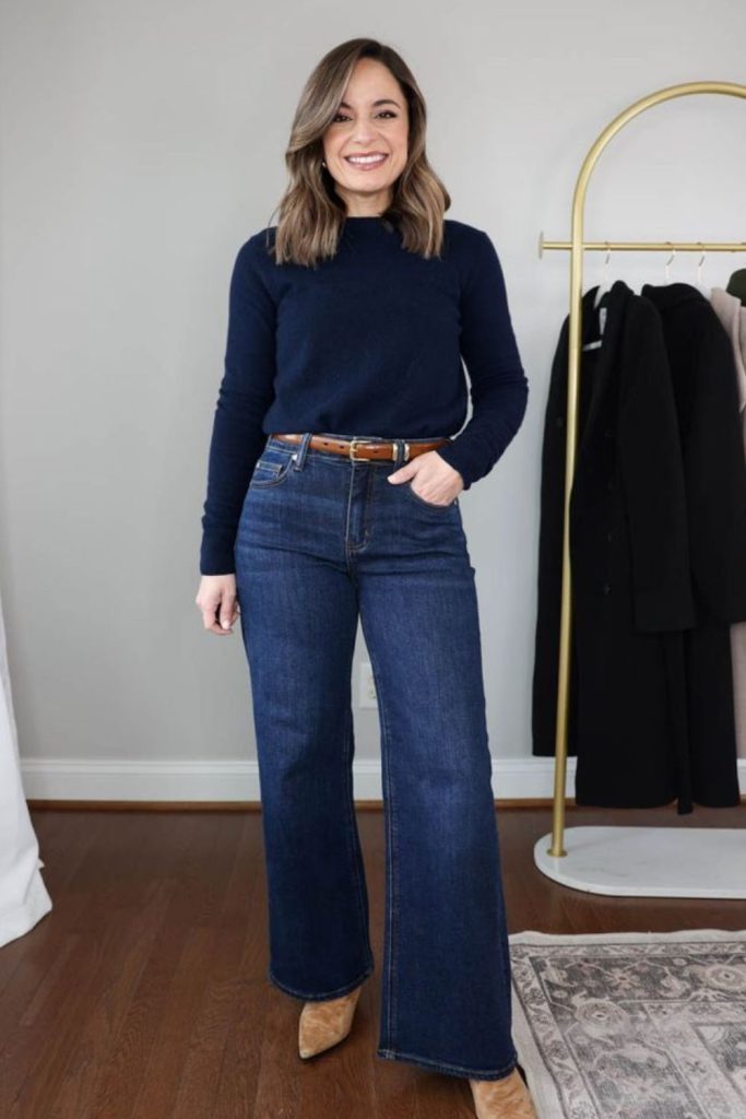 Dark denim cashmere sweater casual outfit