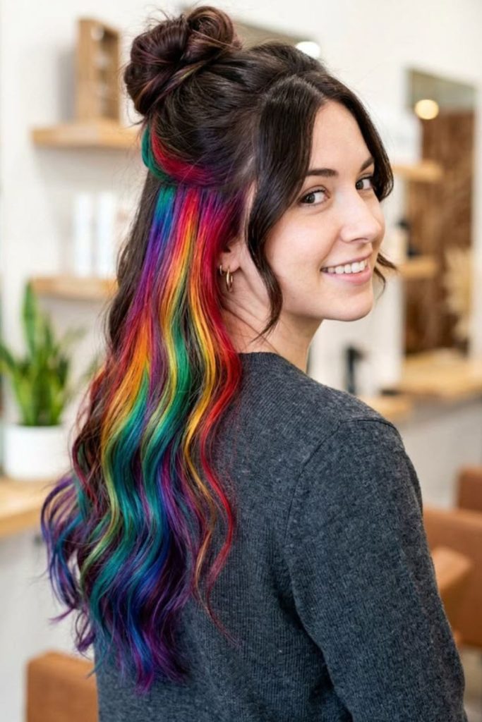 Hidden rainbow peekaboo layered hairstyle.