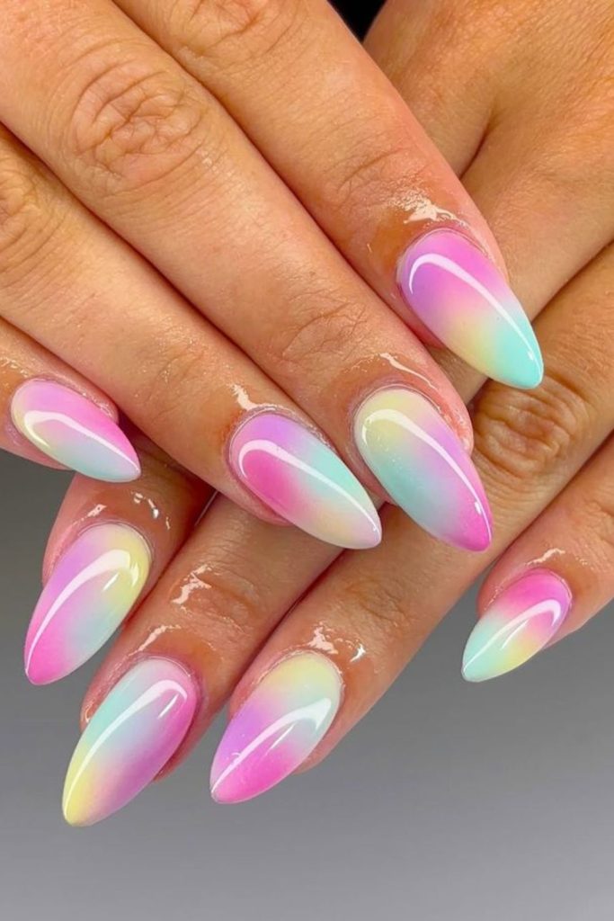 Rainbow sherbet colorful summer nail design.