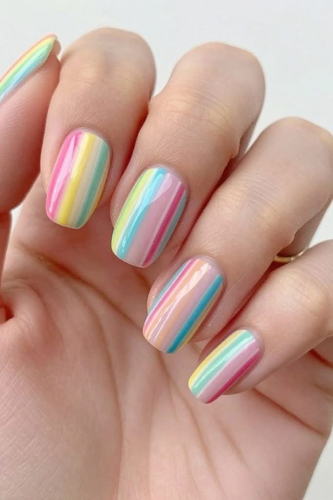 Bright rainbow striped classroom nails.