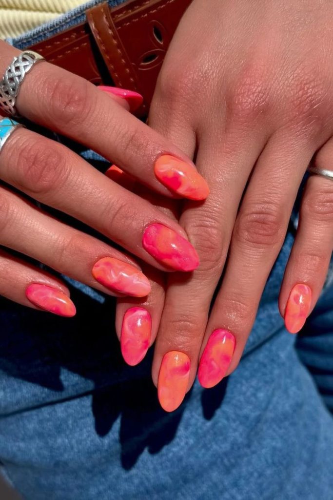 Raspberry lemon colorful summer nail design.