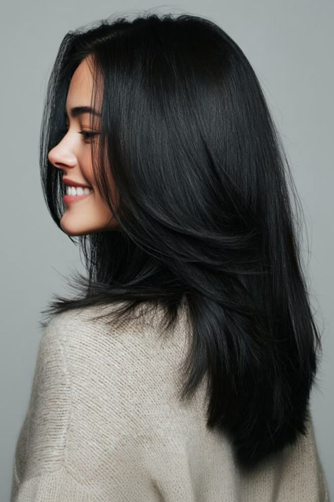 Raven midnight long straight hairstyle.